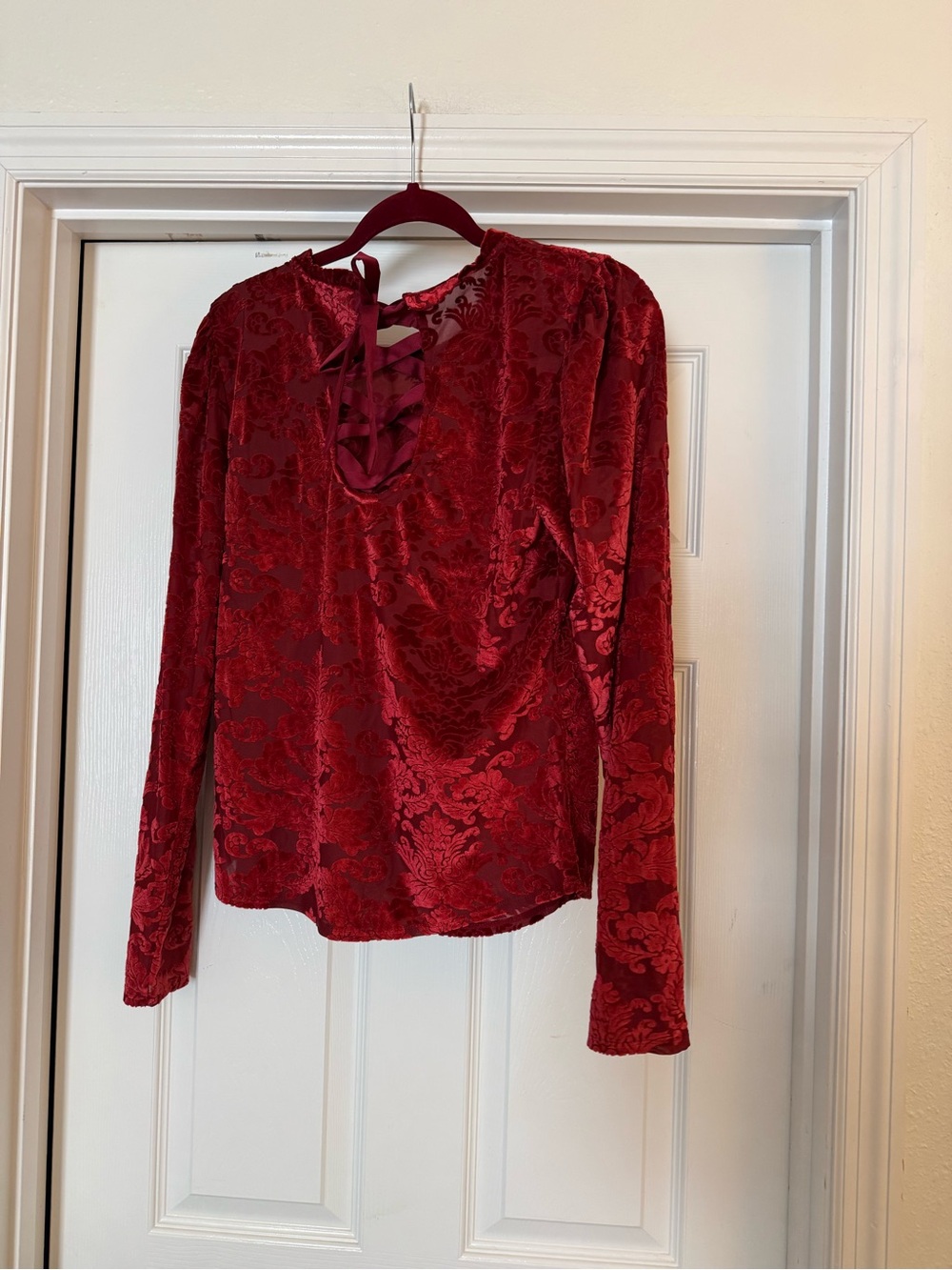 Anthropologie Red Velvet Burnout Long-Sleeve Top - Picture 4 of 5